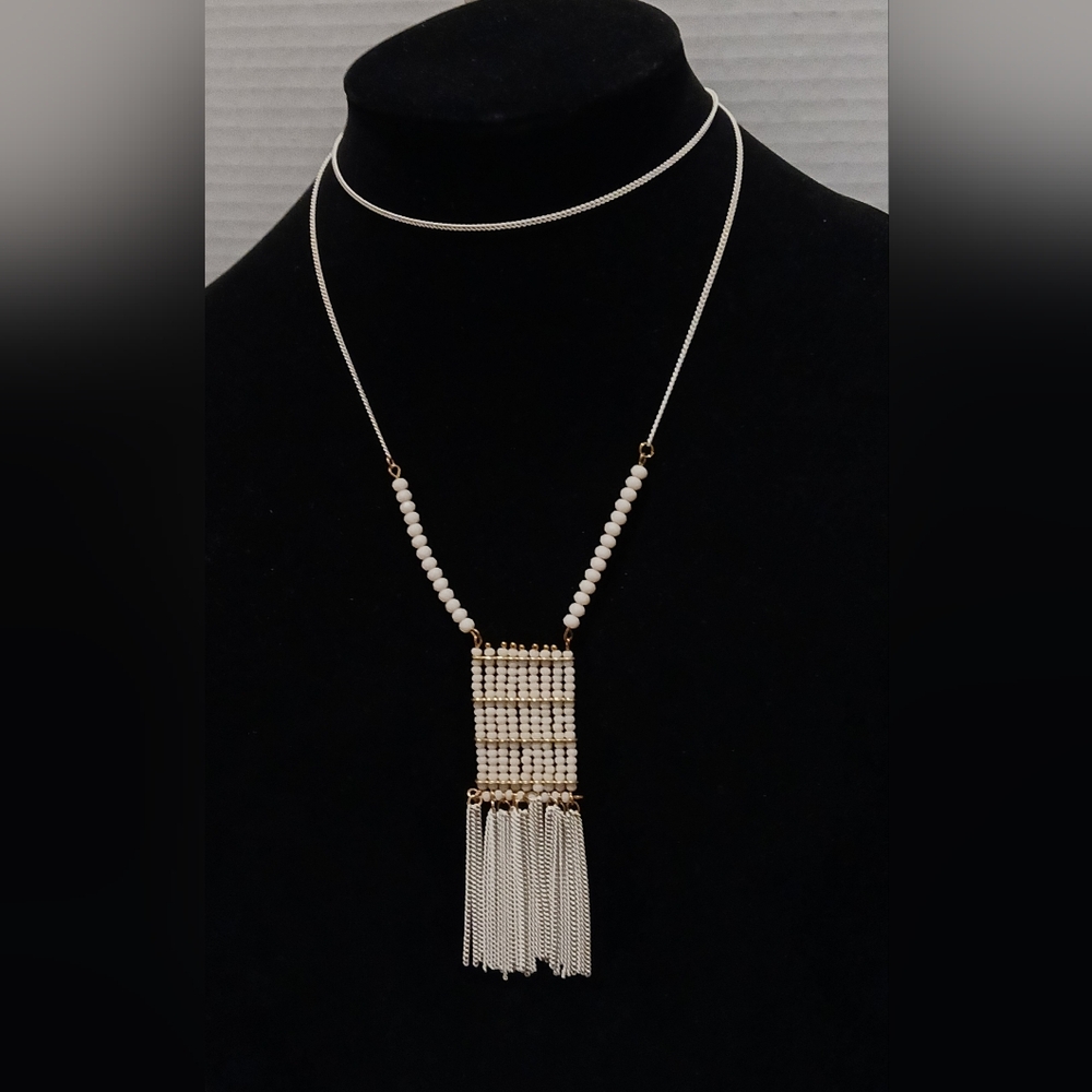 24" Ella Very Long White Chain Necklace Cream Beads Pendant A34